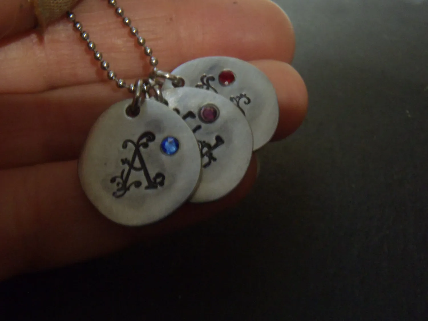 Mothers necklace with kid's initials and birthstones personalized and hand stamped