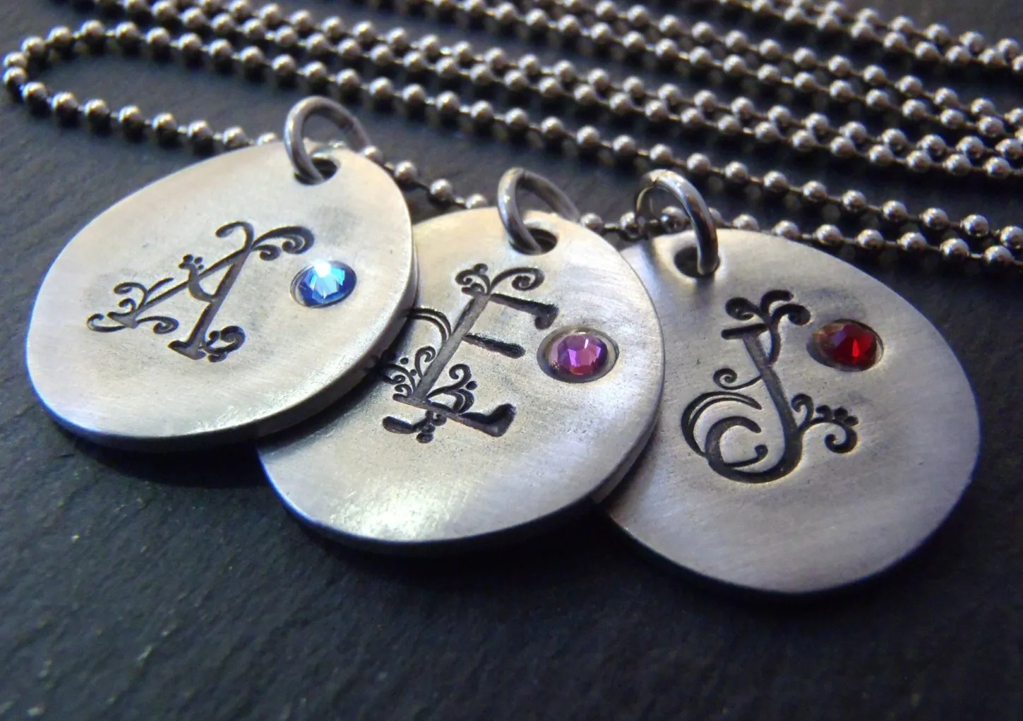 Mothers necklace with kid's initials and birthstones personalized and hand stamped