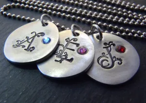 Mothers necklace with kid's initials and birthstones personalized and hand stamped