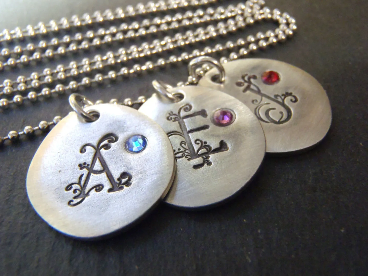 Mothers necklace with kid's initials and birthstones personalized and hand stamped