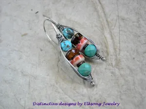 Multi Color Gem Stack Ear Hooks, Turquoise Wire Wrap Earrings