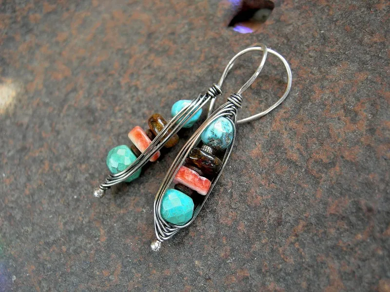 Multi Color Gem Stack Ear Hooks, Turquoise Wire Wrap Earrings