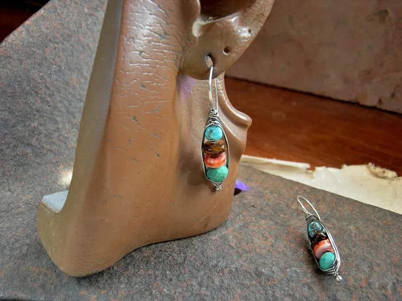 Multi Color Gem Stack Ear Hooks, Turquoise Wire Wrap Earrings