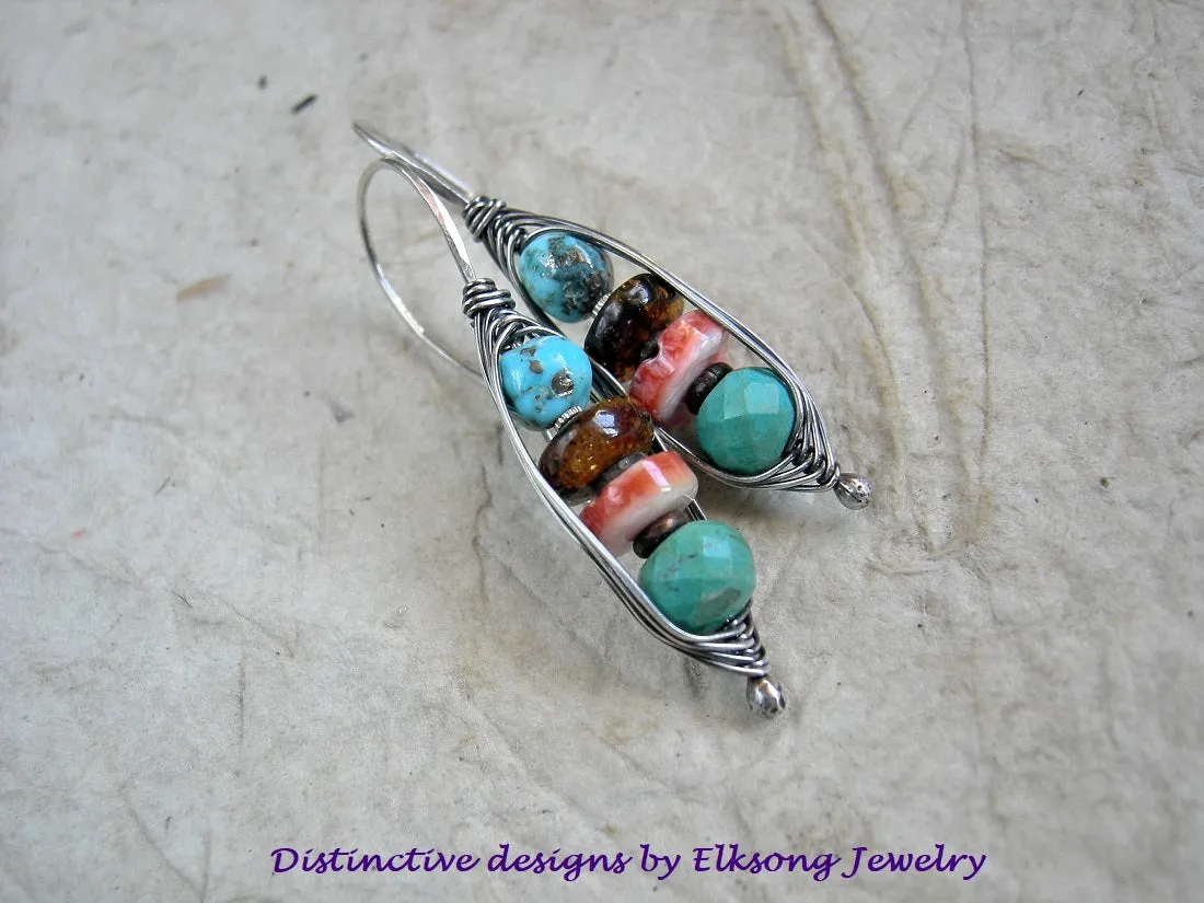 Multi Color Gem Stack Ear Hooks, Turquoise Wire Wrap Earrings