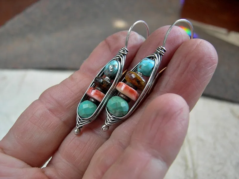 Multi Color Gem Stack Ear Hooks, Turquoise Wire Wrap Earrings