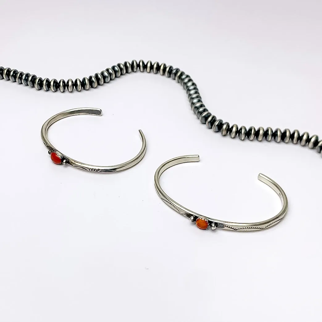 Navajo | Navajo Handmade Detailed Sterling Silver Cuff with Center Red Coral Stone