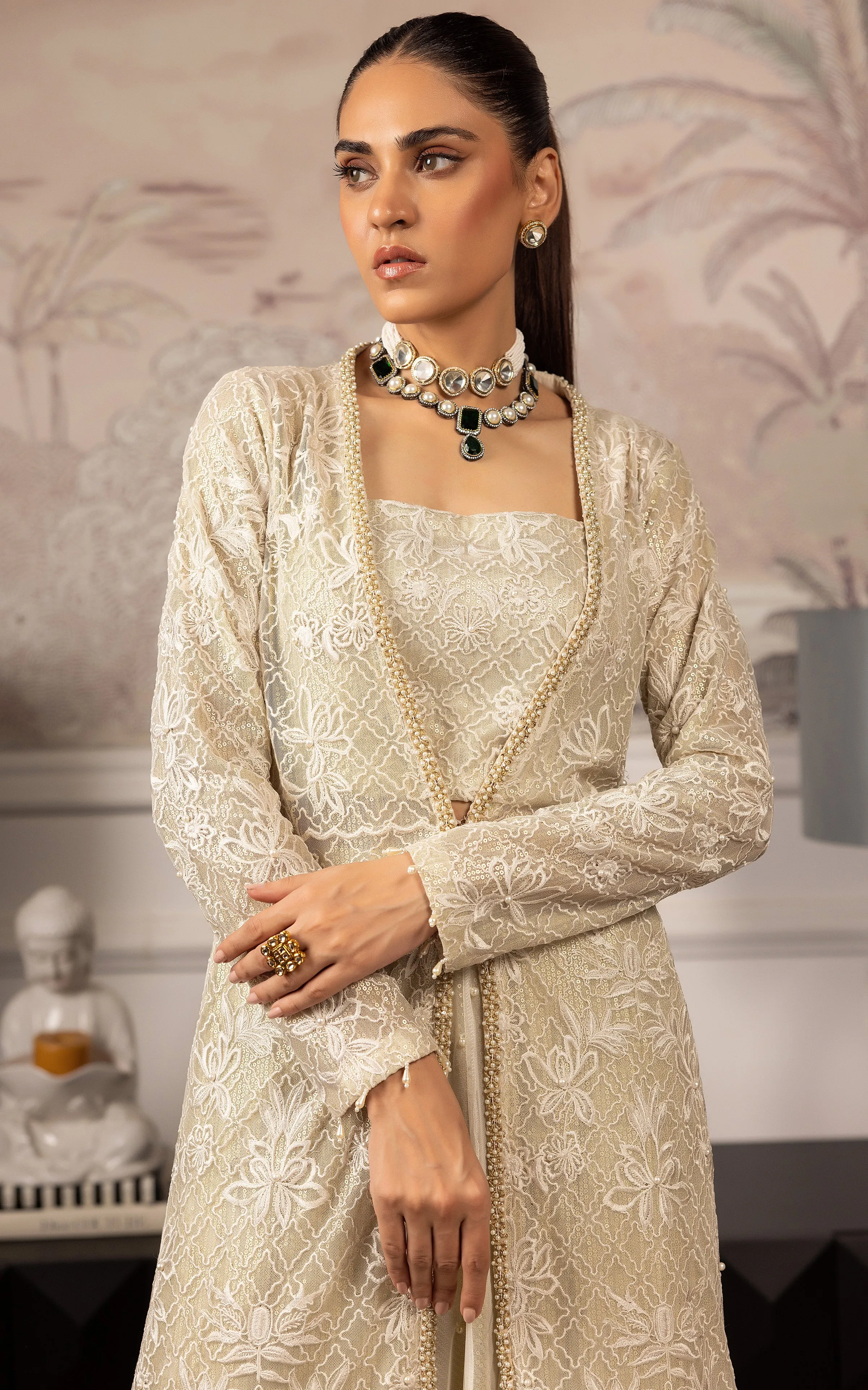 Net Embroidered Jacket With Blouse And Skirt