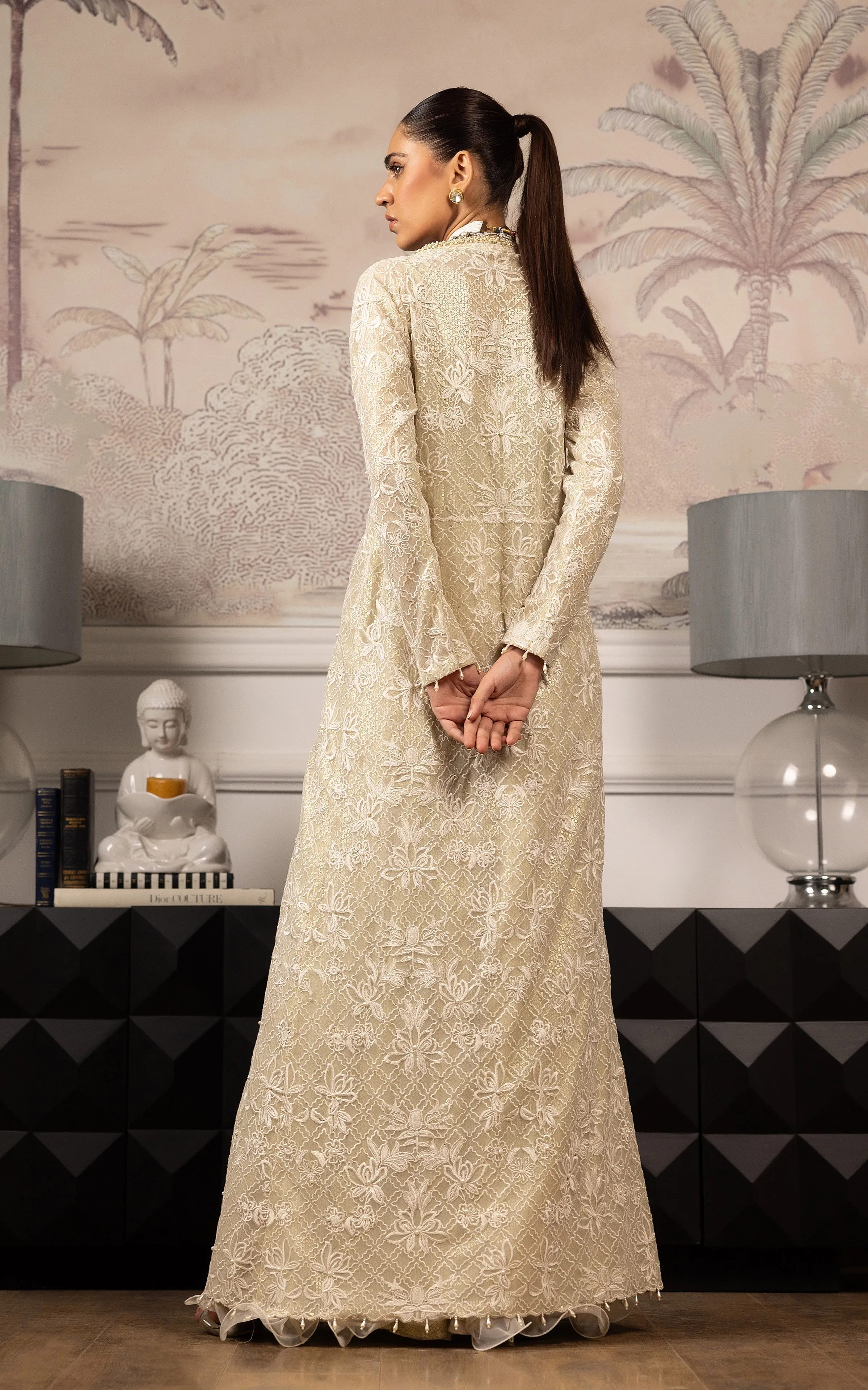 Net Embroidered Jacket With Blouse And Skirt