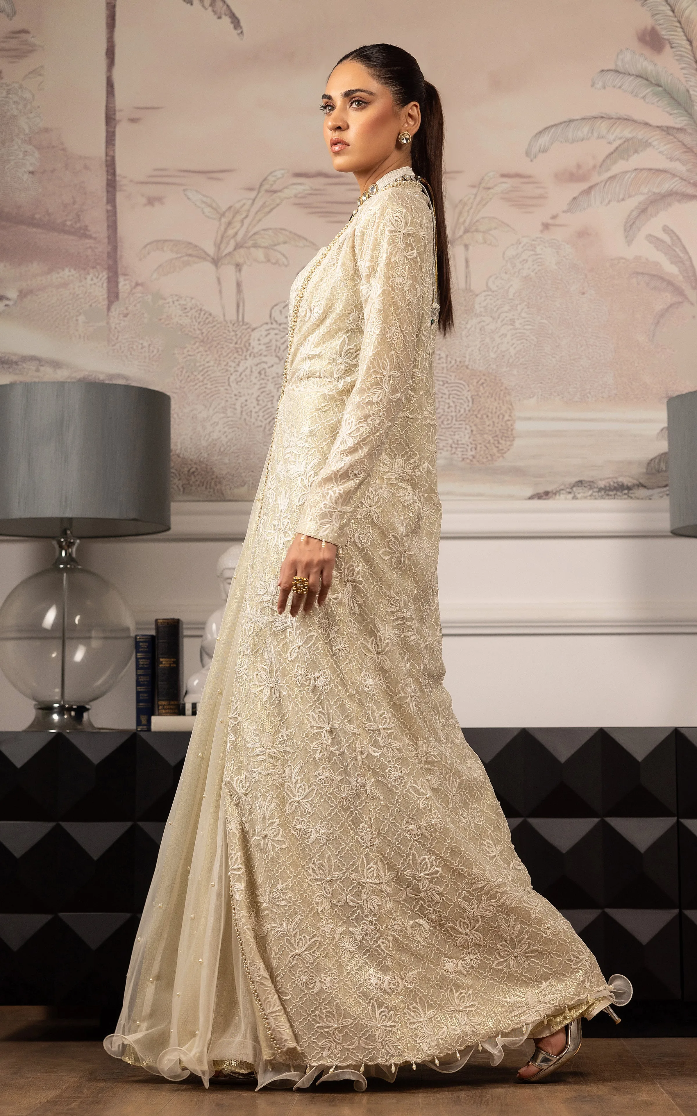 Net Embroidered Jacket With Blouse And Skirt