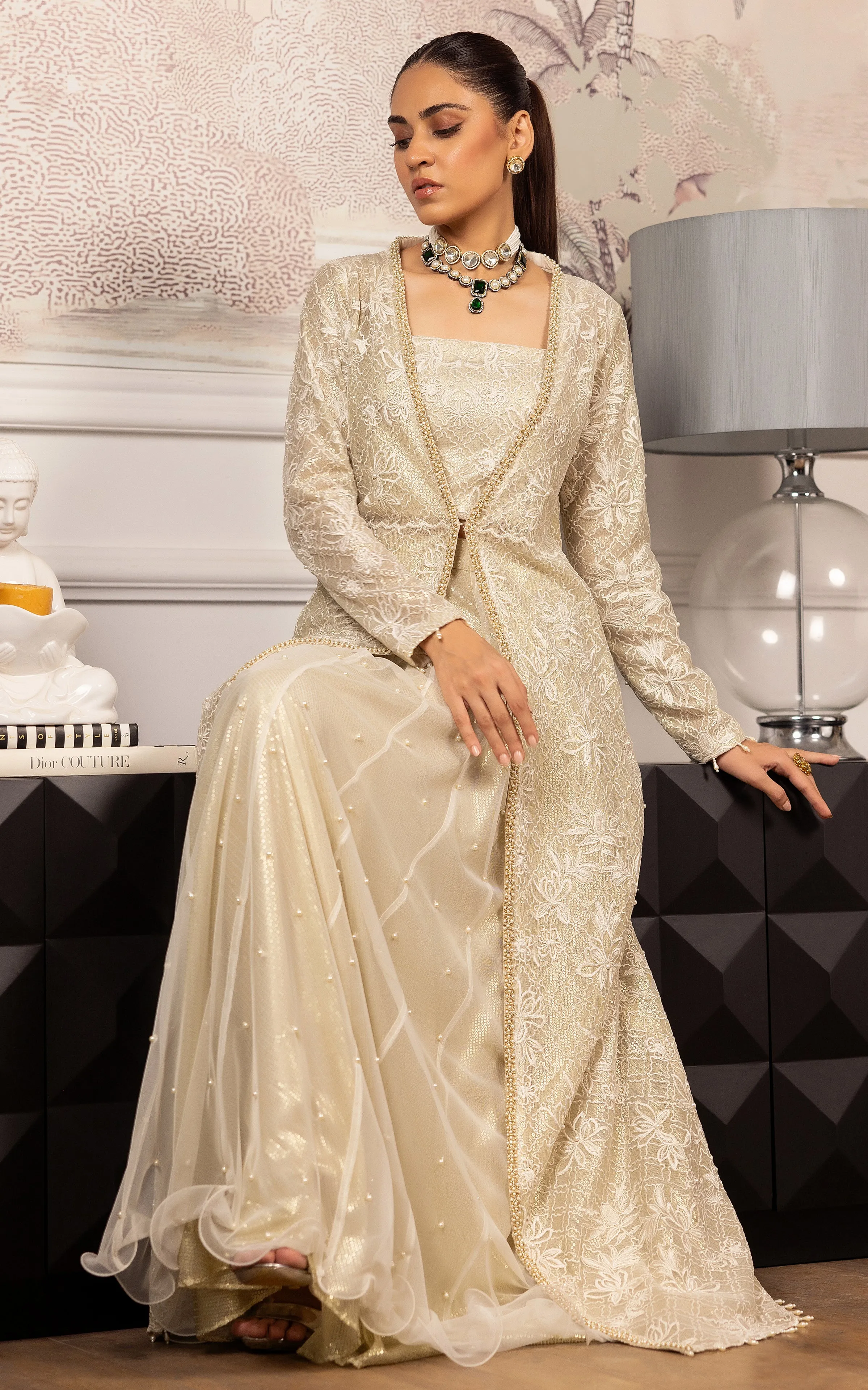 Net Embroidered Jacket With Blouse And Skirt