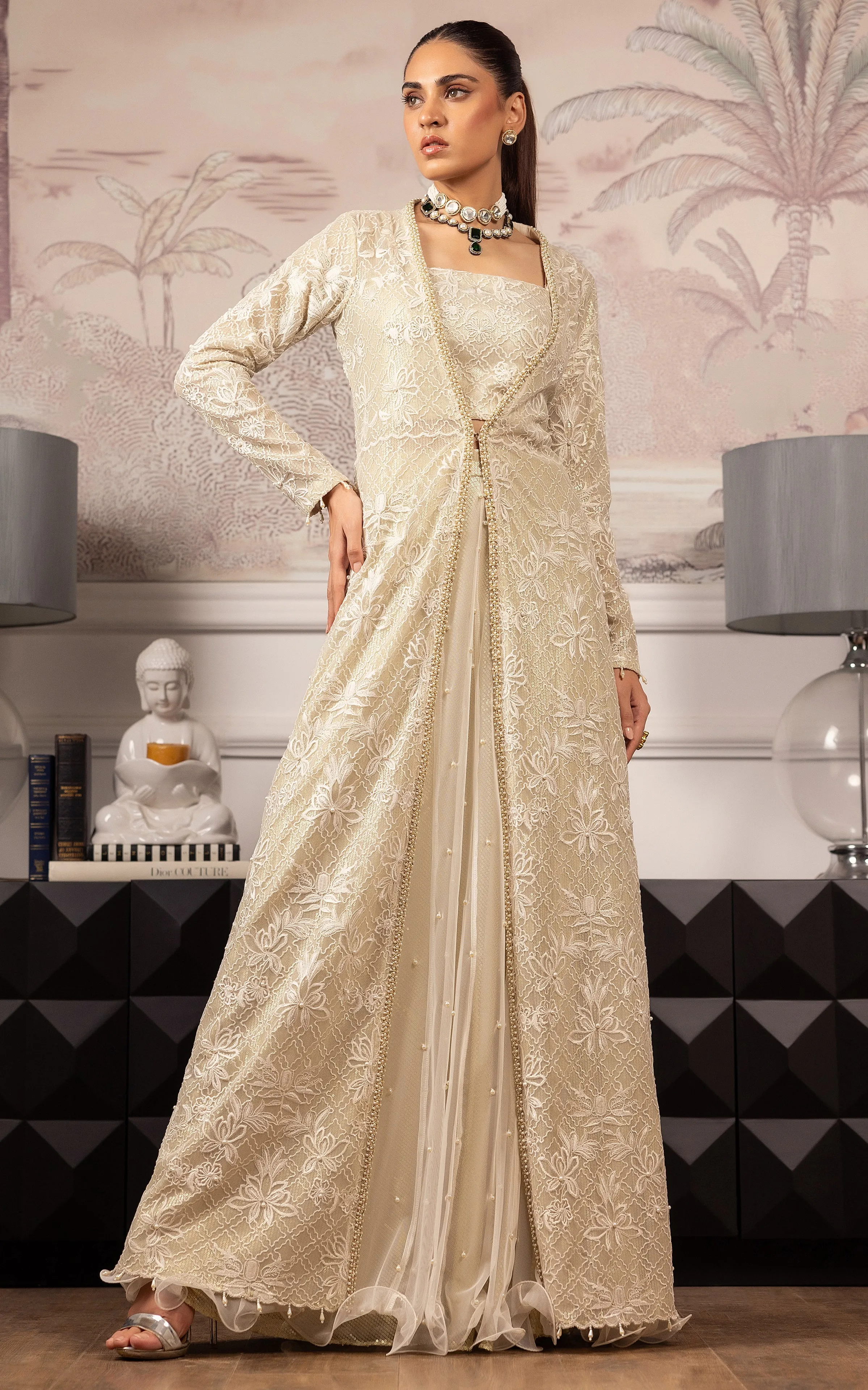 Net Embroidered Jacket With Blouse And Skirt