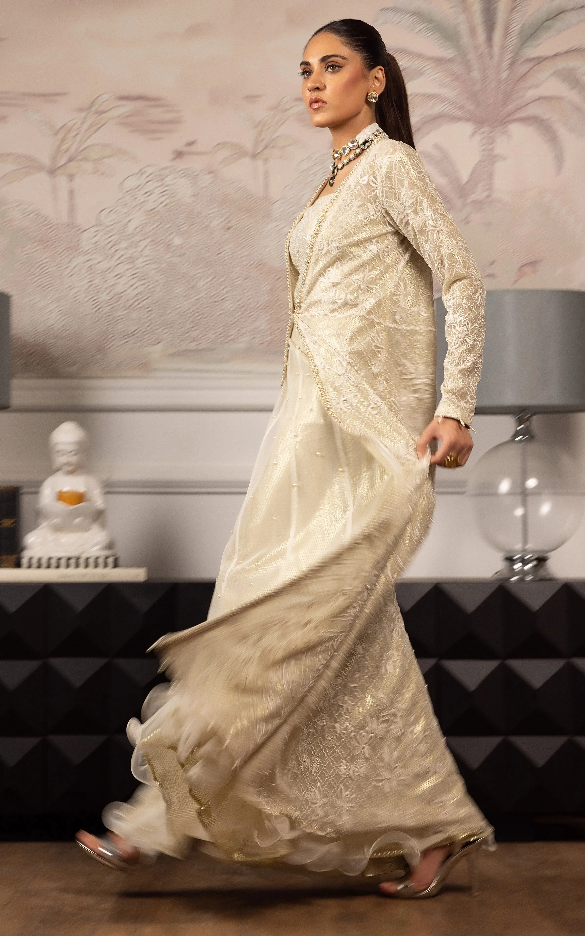 Net Embroidered Jacket With Blouse And Skirt