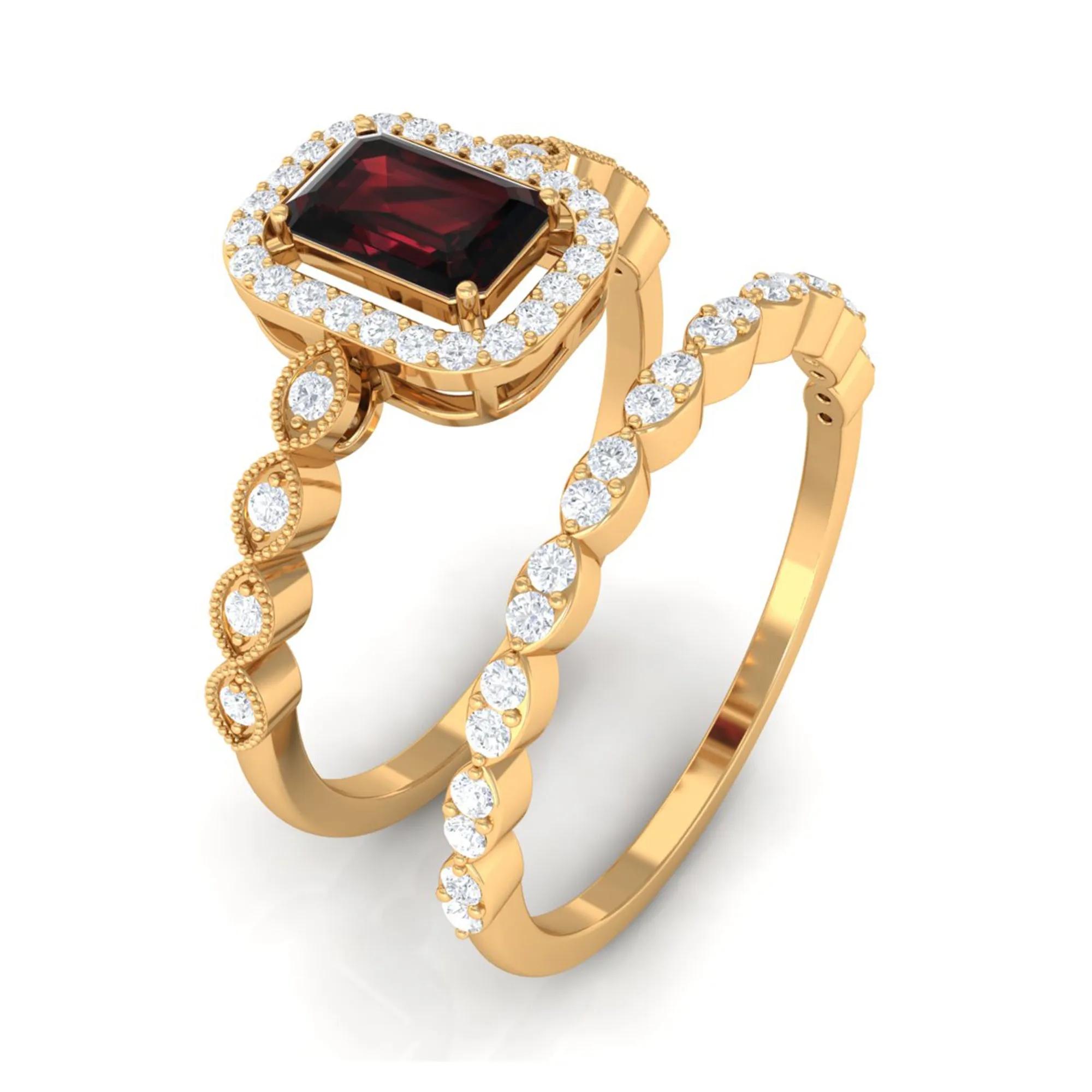 Octagon Cut Garnet and Diamond Designer Ring Set