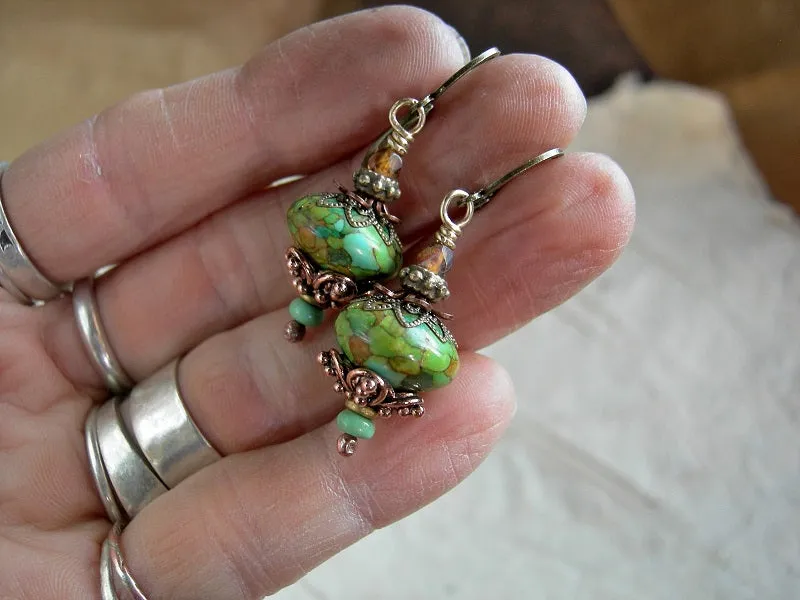 Ode to Spring, Colorful Boho Earrings, Green, Aqua & Amber Colors