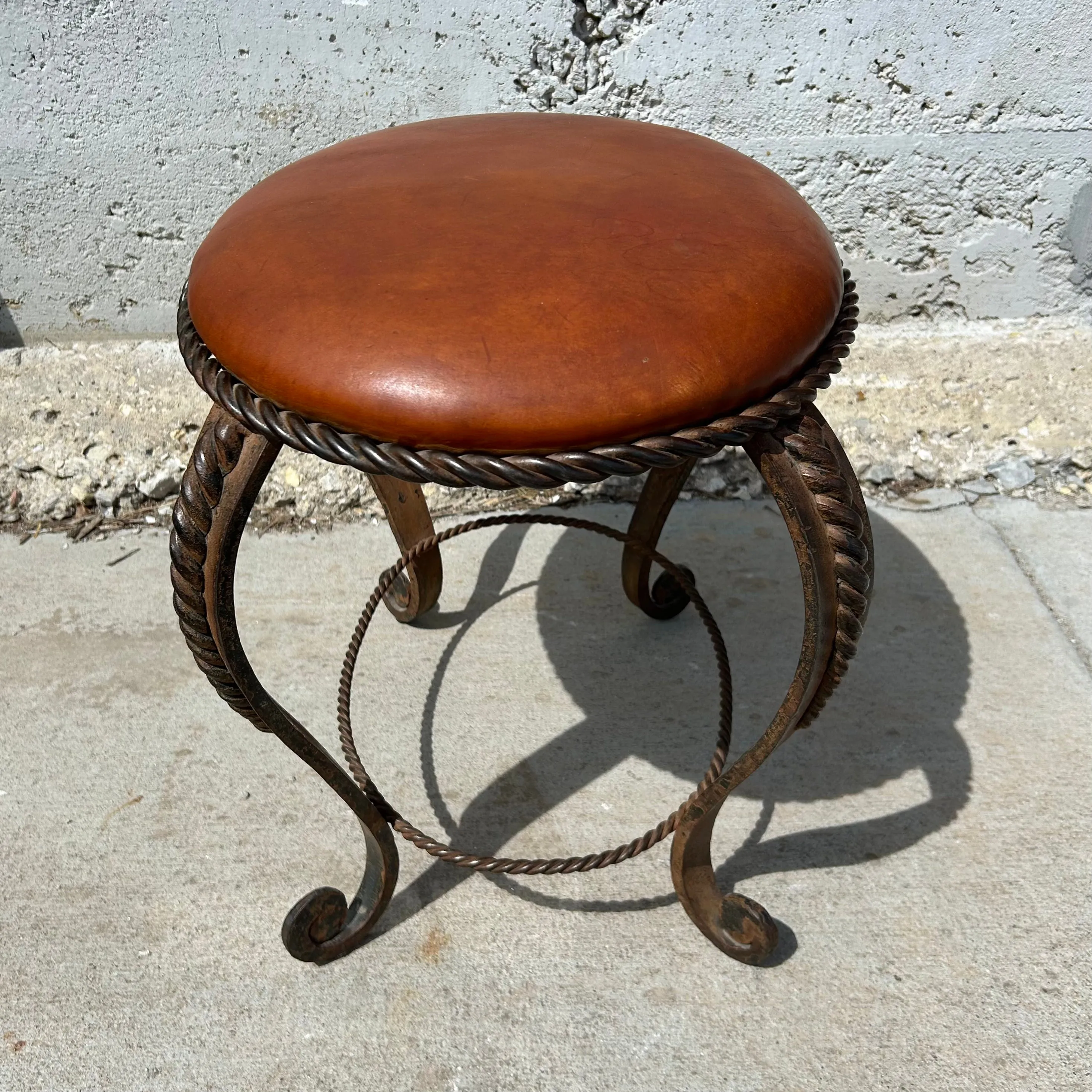 Ornate Oval Leather Top Foot Stool, Iron Base