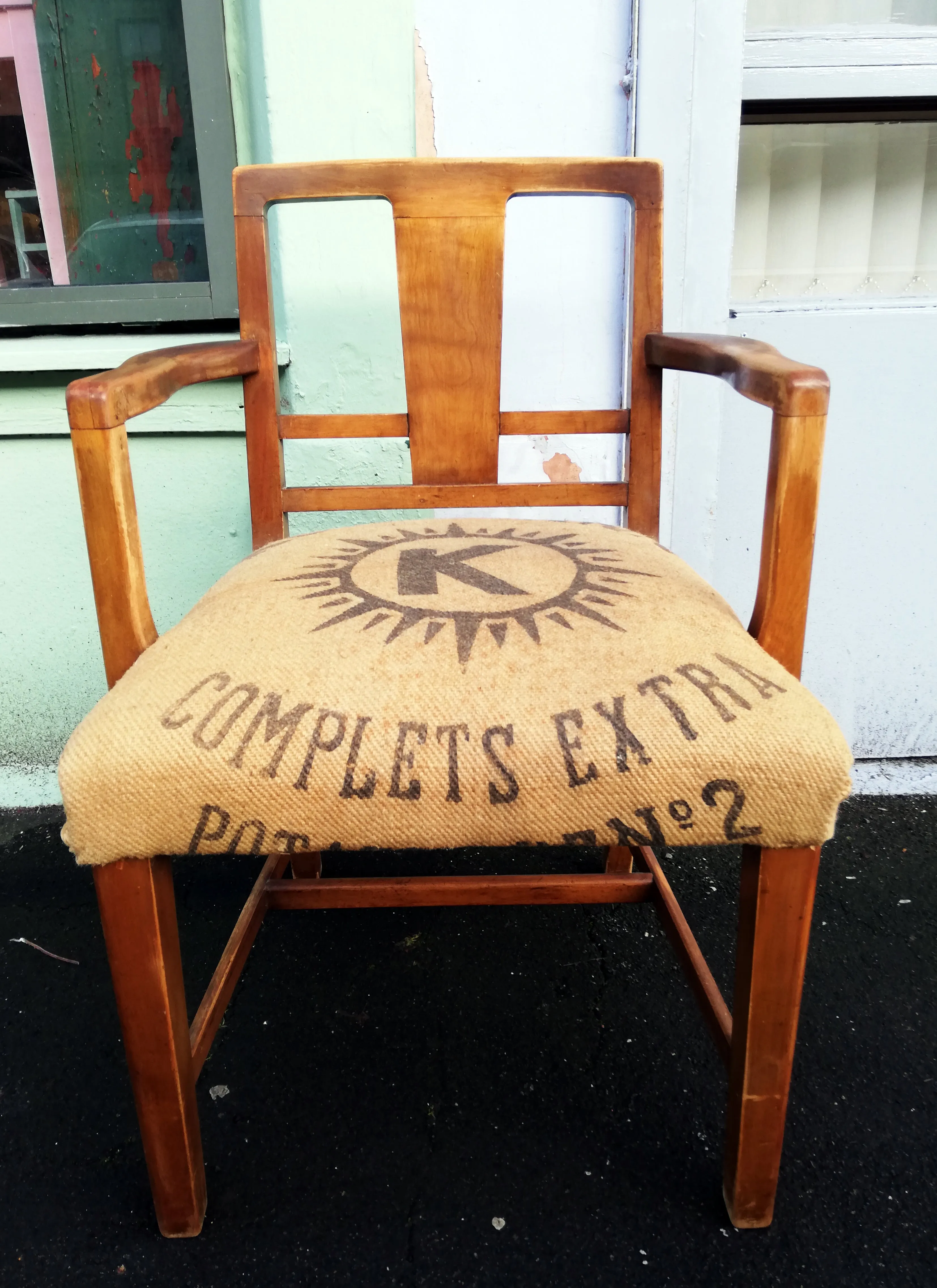 RESERVED Vintage captain's carver chair with  vintage feedsack upholstery
