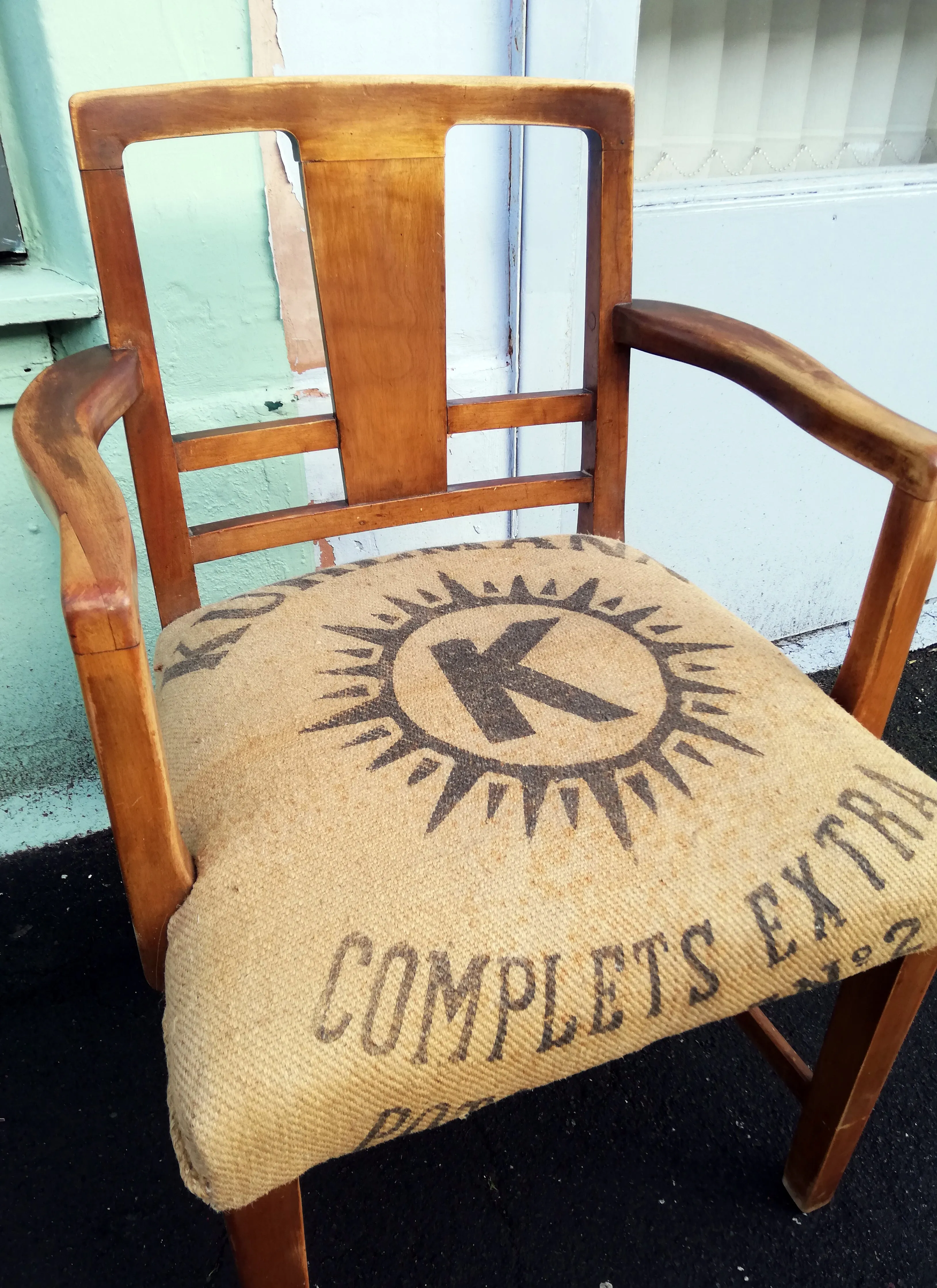 RESERVED Vintage captain's carver chair with  vintage feedsack upholstery