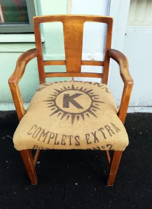 RESERVED Vintage captain's carver chair with  vintage feedsack upholstery