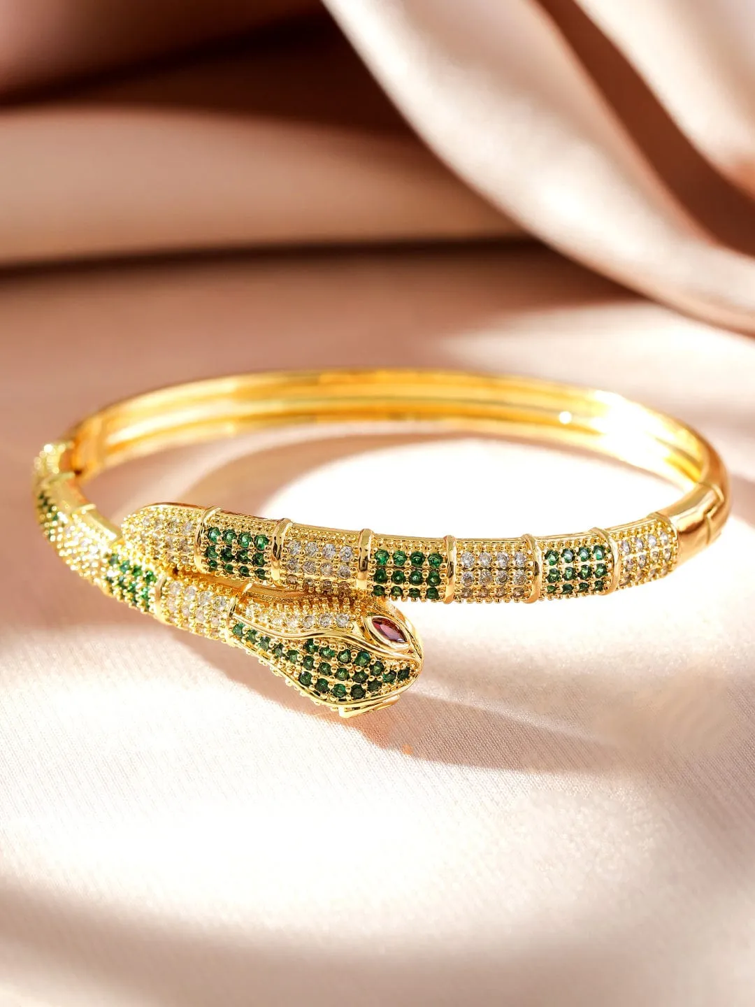 Rubans 22K Gold-Plated Snake Design Bracelet with Ruby, Emerald & Cubic Zirconia