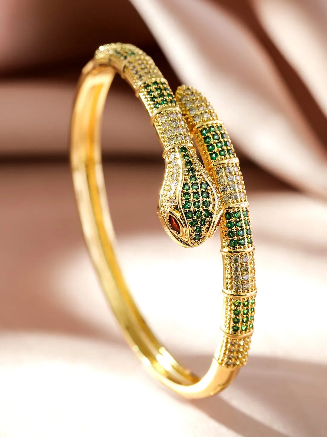 Rubans 22K Gold-Plated Snake Design Bracelet with Ruby, Emerald & Cubic Zirconia