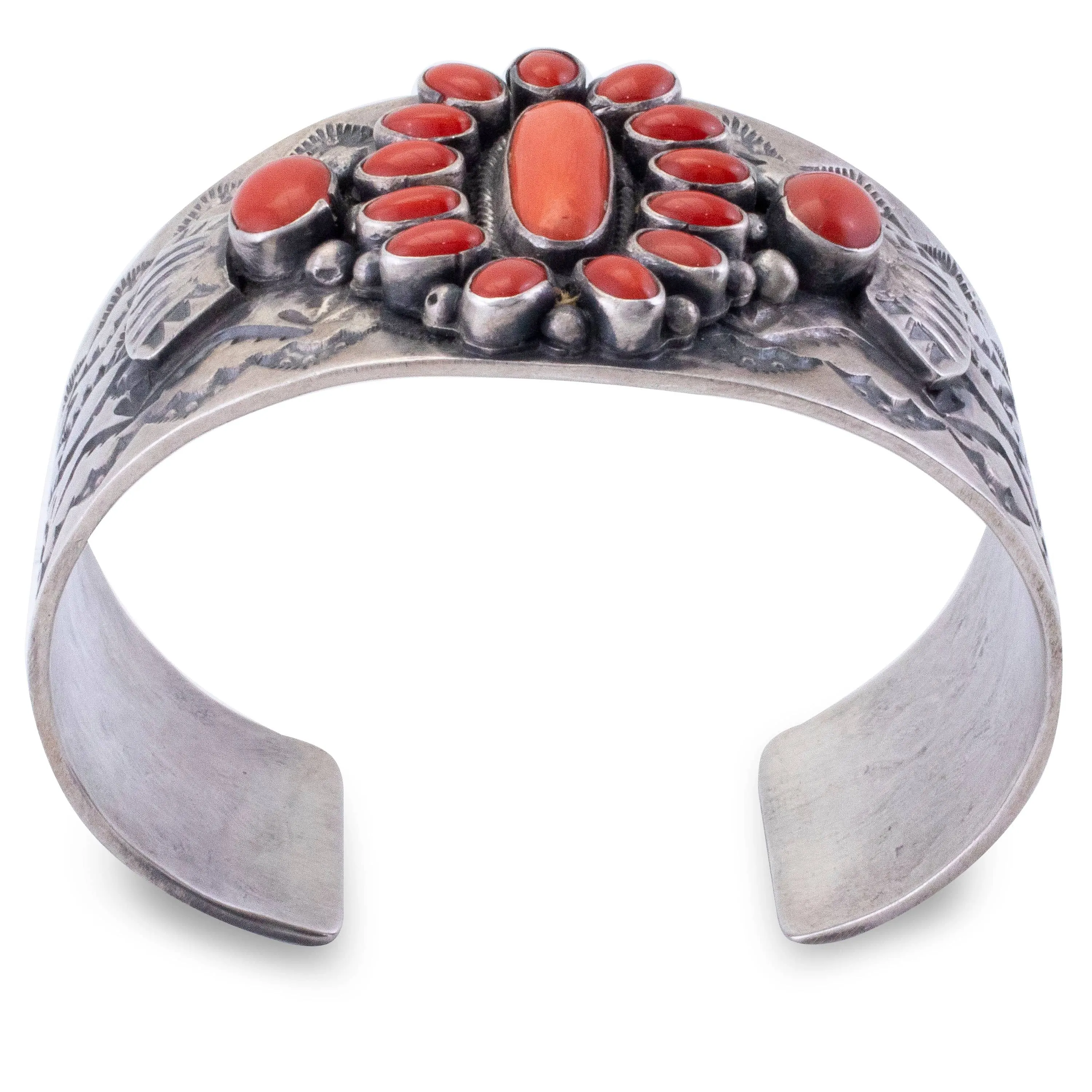 Sheila Tso Navajo Coral USA Native American Made 925 Sterling Silver Cuff