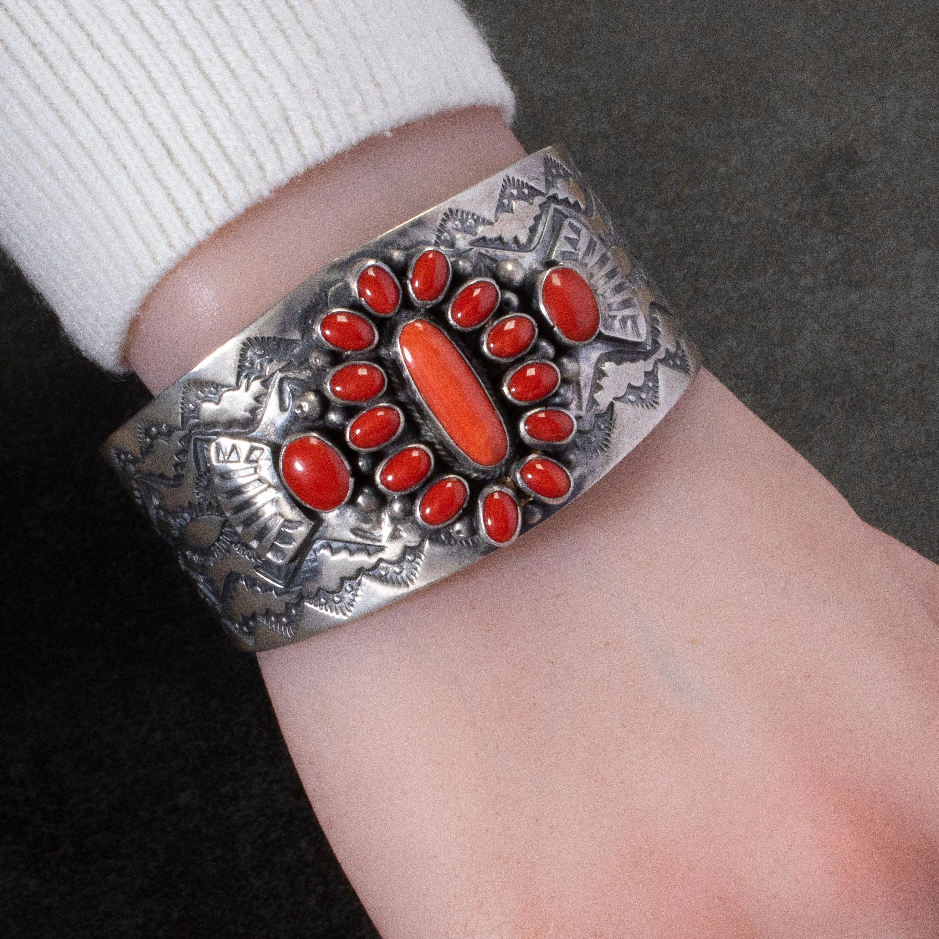 Sheila Tso Navajo Coral USA Native American Made 925 Sterling Silver Cuff