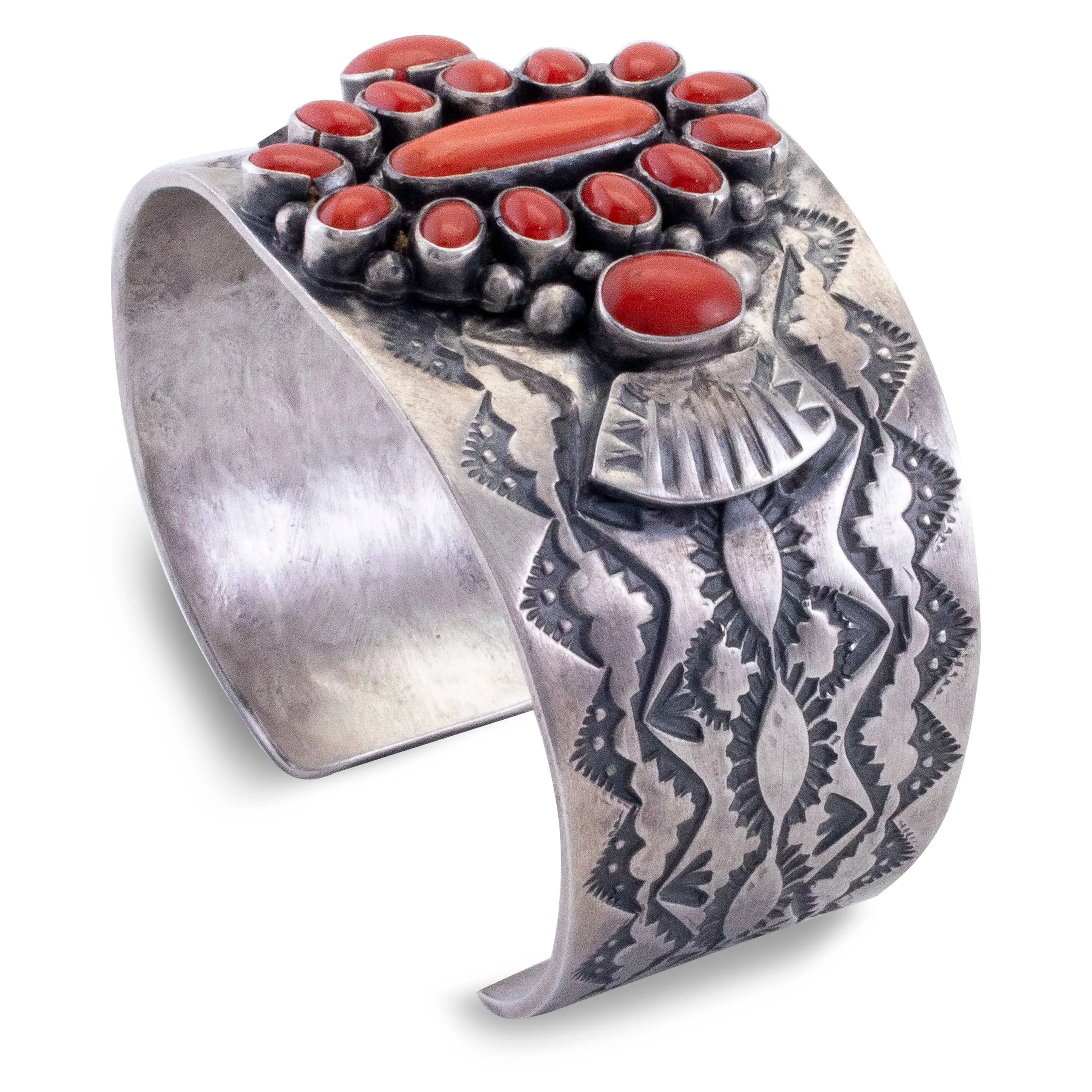 Sheila Tso Navajo Coral USA Native American Made 925 Sterling Silver Cuff