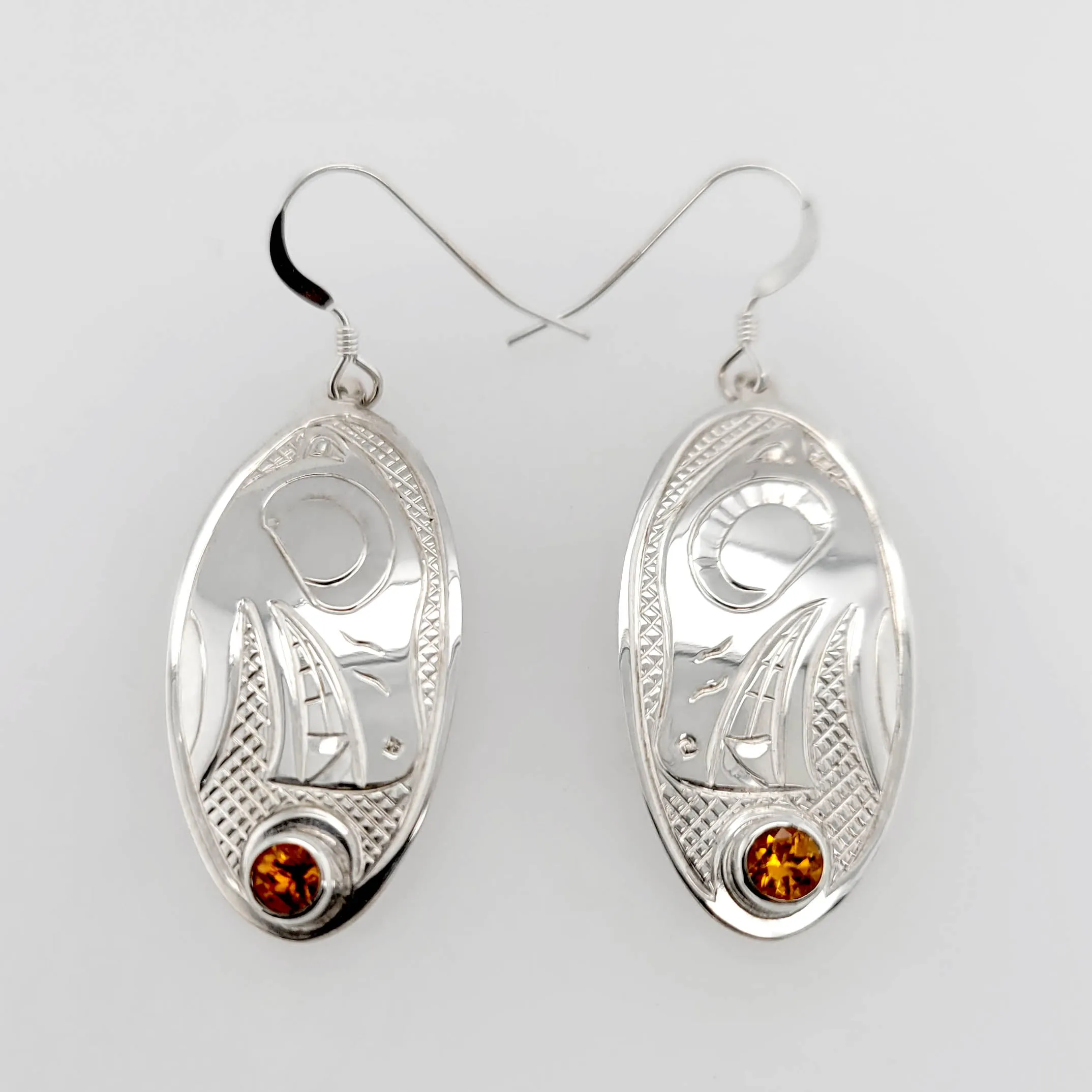 Silver Wolf Earrings with Amber
