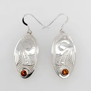 Silver Wolf Earrings with Amber