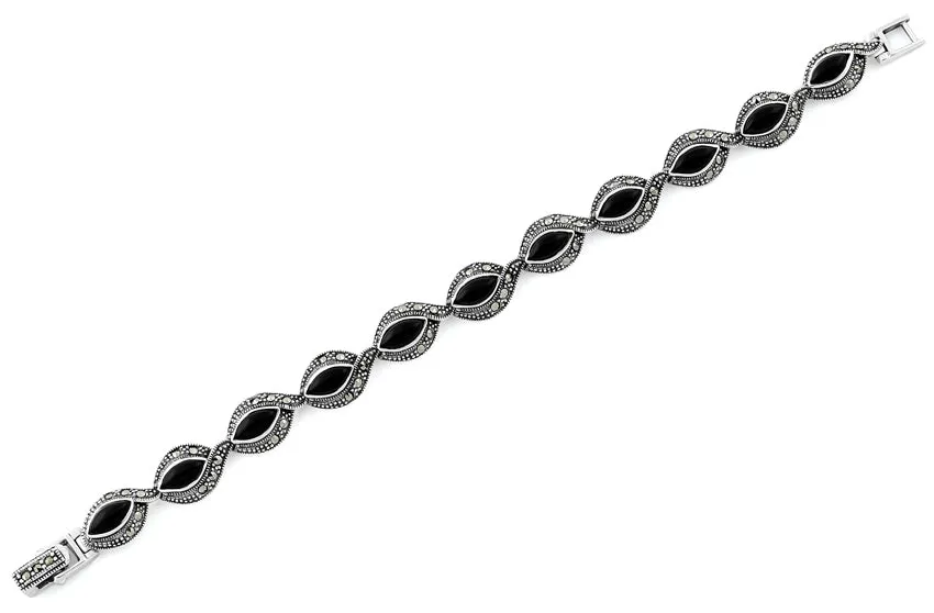 Sterling Silver Eye Marquise Black Onyx Marcasite Bracelet