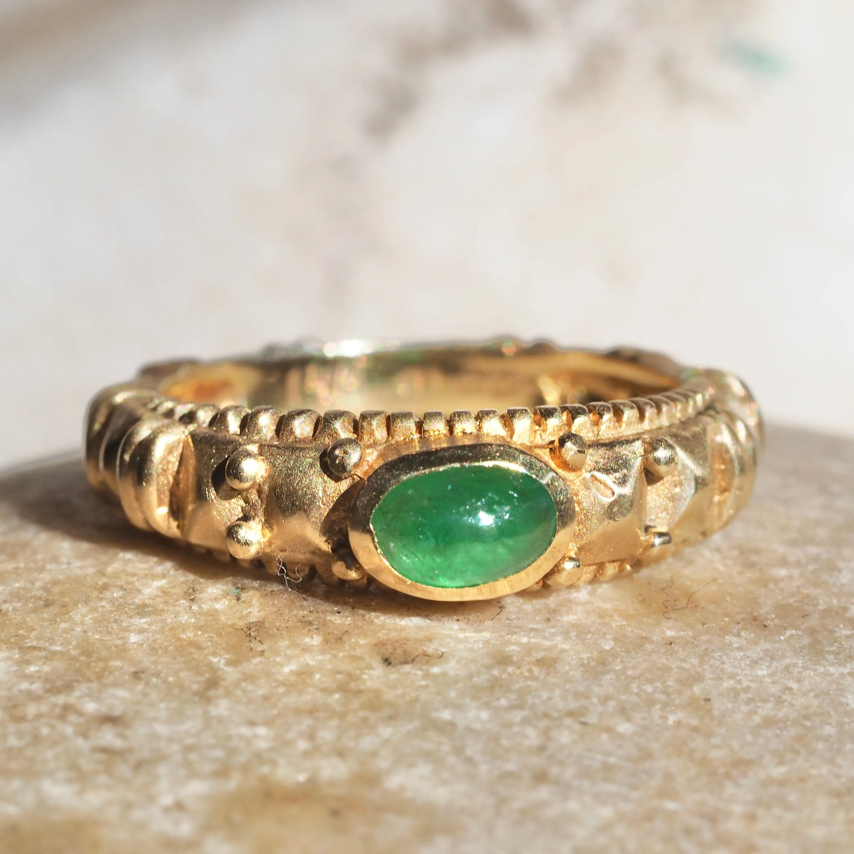 Vintage Artisan 14k Gold Bezel Set Emerald Ring