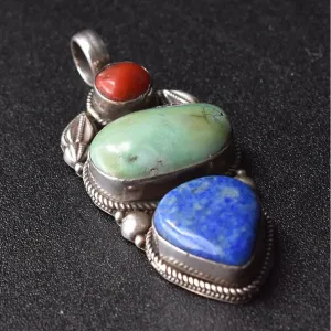 Vintage Collection Turquoise, Coral and Lapis Sterling Silver Pendant