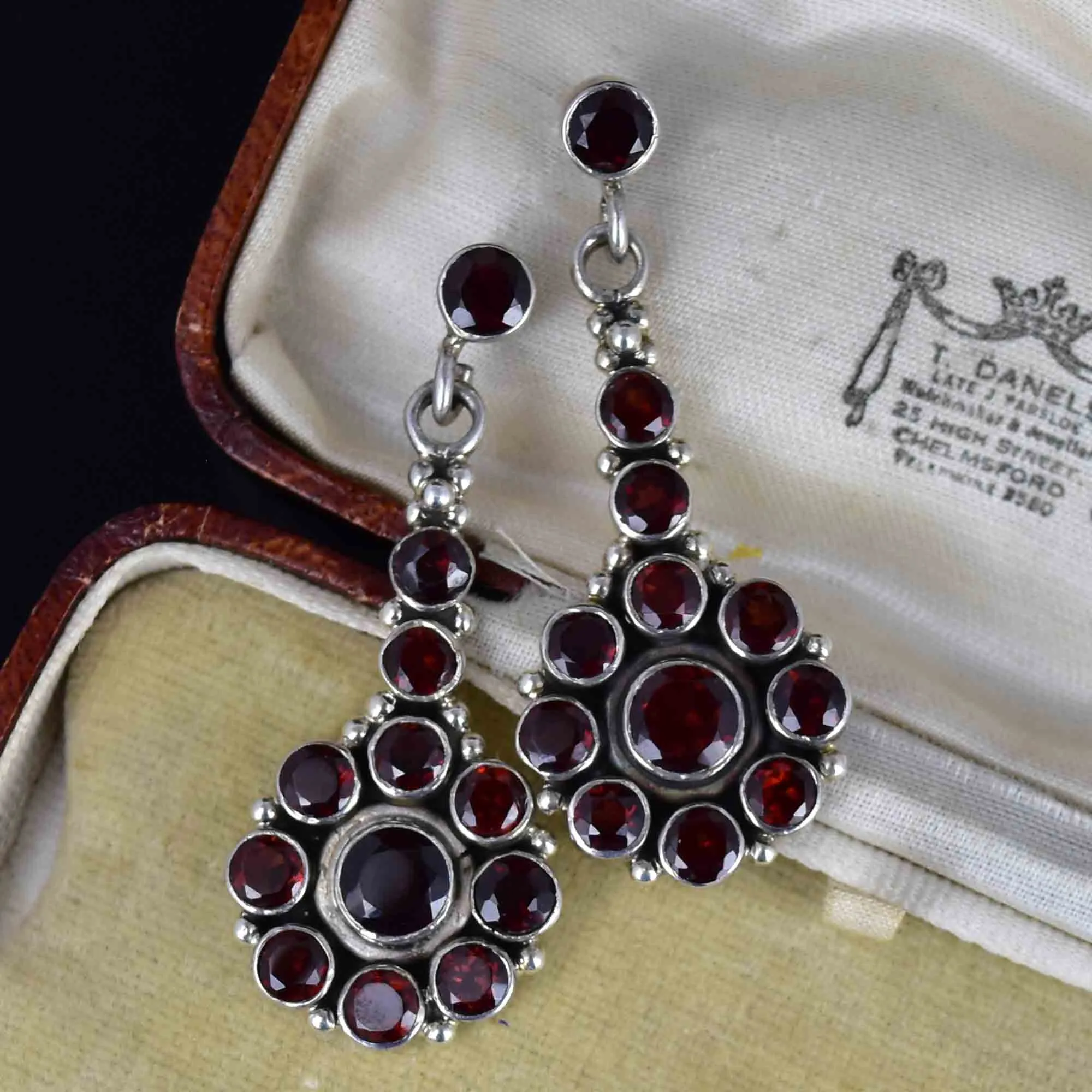 Vintage Garnet Floral Cluster Long Drop Earrings in Silver